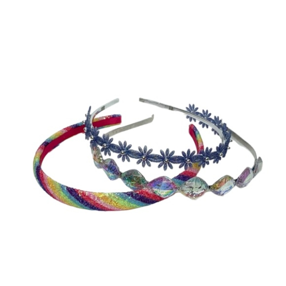 3 Piece Assorted Headbands Jeweled Flower & Diamond & Glitter Rainbow